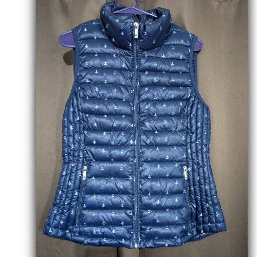 TOMMY HILFIGER Women Navy Blue Quilted Packable Puffer Vest White Anchors Size S